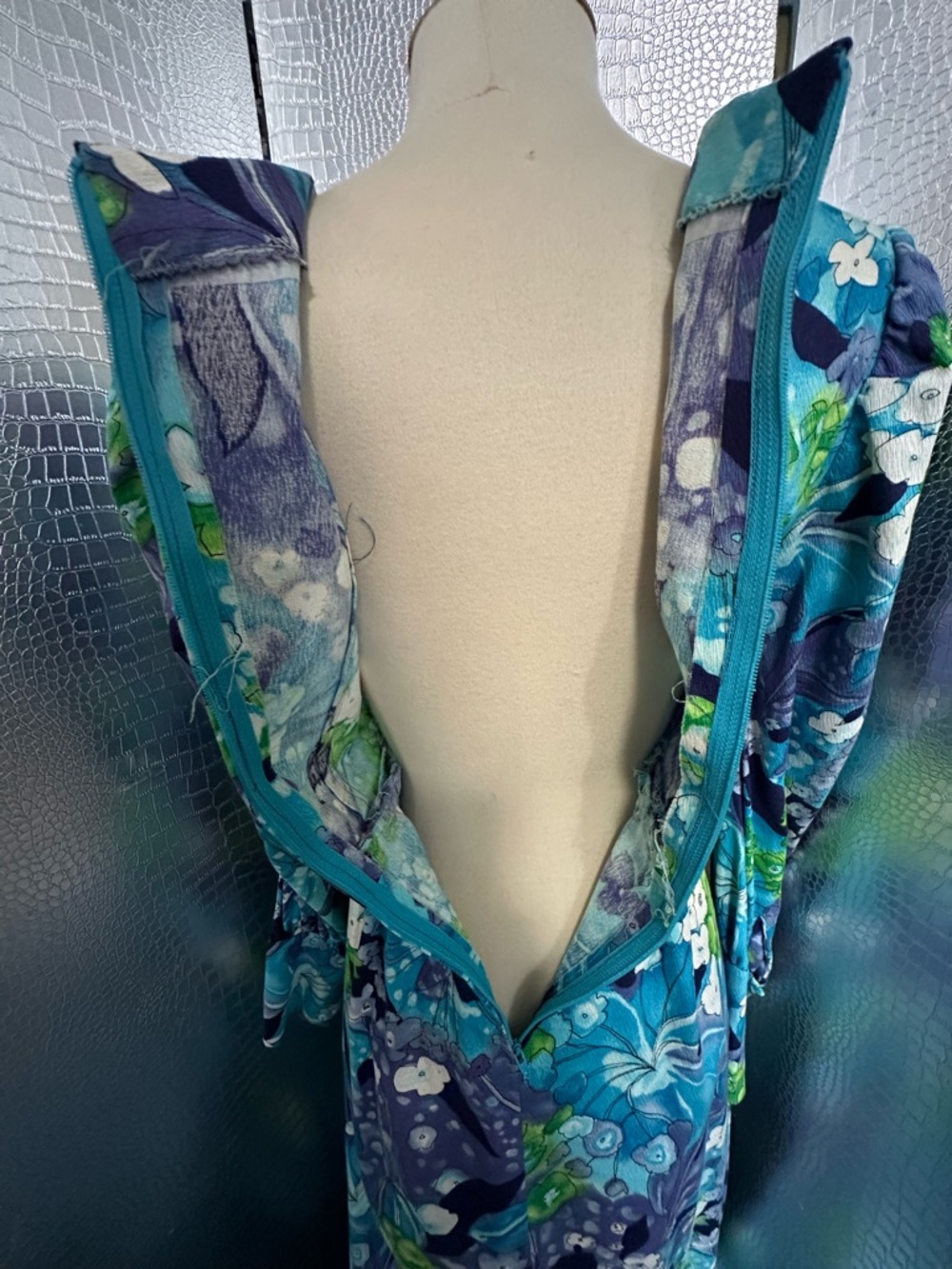 Vintage Long Sleeve Floral Maxi Dress in Teal, Purple & Lime - Picture 7 of 10